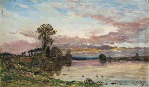 A Washerwoman On The Banks Of A River At Dusk