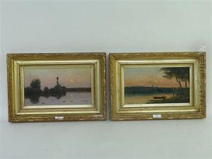 Barque Sur La Riviere (pair) by Hippolyte Camille Delpy