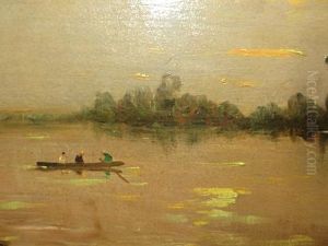 A River View At Sunset With Figures In A Boat A River View At Sunset With Figures In A Boat