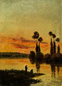 Abendliche Flusslandschaft Mit Pappeln Und Zwei Wascherinnen Am Ufer