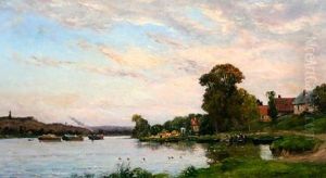 French River Landscape With Barges And Washerwomen by Hippolyte Camille Delpy