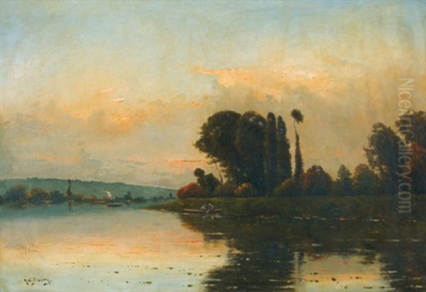 Abendliche Flusspartie Mit Fischerboot Und Dampfschiff - view 1