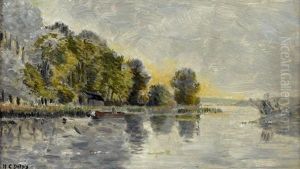 Flusspartie Mit Baumen Und Boot