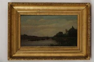 Bateaux Et Paysanne Au Bord De La Riviere by Hippolyte Camille Delpy