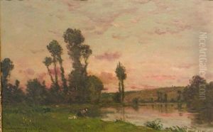 Lavandiere Pres D'un Etang, Soleil Couchant (collab. W/jacques Henri Delpy ?) by Hippolyte Camille Delpy