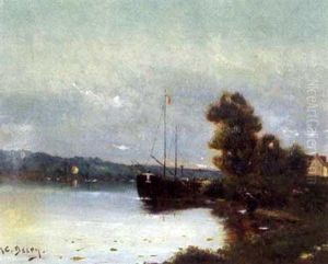 Peniche Et Lavandiere Au Bord De La Riviere by Hippolyte Camille Delpy