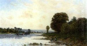 Flusslandschaft Mit Booten Und Wascherinnen by Hippolyte Camille Delpy