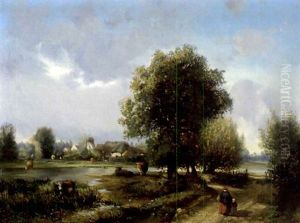 Flusslandschaft Mit Zwei Wascherinnen Im Mittelgrund Flusslandschaft Mit Zwei Wascherinnen Im Mittelgrund