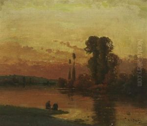Wascherinnen Im Abendrot Am Flusufer