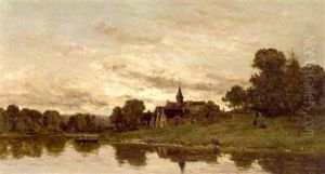 A River Scene With A Village At Dusk