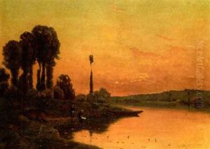 Washerwomen On The Banks Of The River At Dusk by Hippolyte Camille Delpy