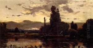 Rowing By A River Barge At Dusk