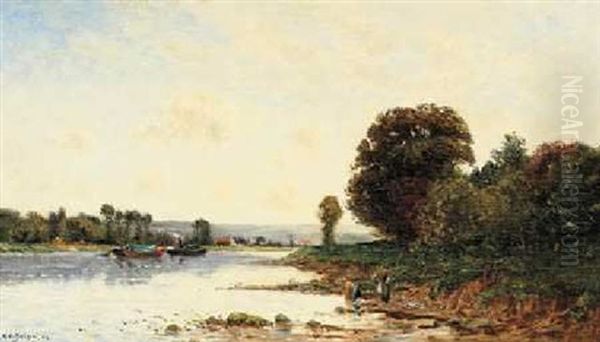 Washerwomen In A River Landscape With Steamboats Beyond - view 1