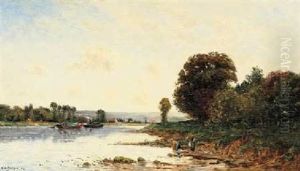 Washerwomen In A River Landscape With Steamboats Beyond