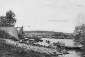 Punts On The River Bank by Hippolyte Camille Delpy