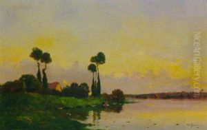Abendliche Landschaft Mit Waschenden Frauen Am Fluss