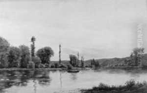 Flusslandschaft Mit Ruderboot Bei Sonnenuntergang by Hippolyte Camille Delpy