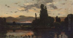A River Landscape At Sunset A River Landscape At Sunset