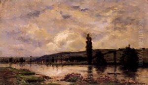Flusslandschaft Unter Bewolktem Himmel by Hippolyte Camille Delpy