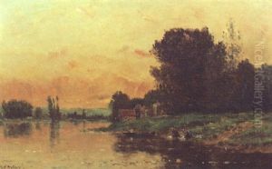 Soleil Couchant Sur La Seine Pres Portejoie by Hippolyte Camille Delpy