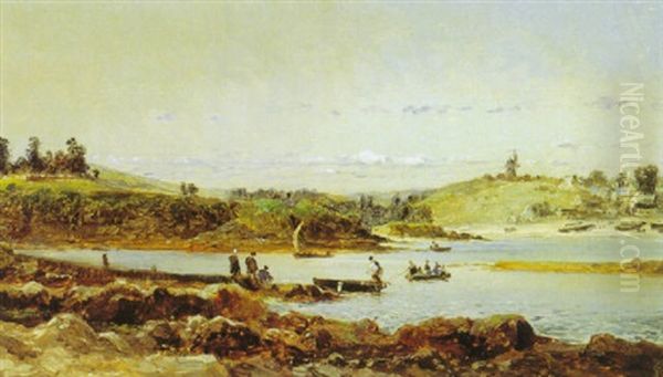 Harbor Scene With Figures In A Rowboat, Windmill On A Far Hill - view 1