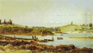 Harbor Scene With Figures In A Rowboat, Windmill On A Far Hill
