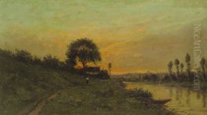 Fluslandschaft Bei Sonnenuntergang by Hippolyte Camille Delpy