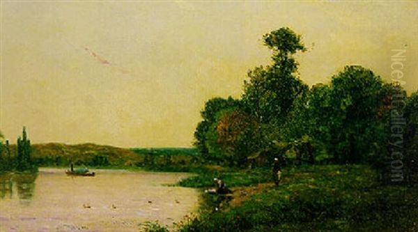 Washerwomen By The River At Sunset - view 1