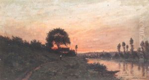 Fluslandschaft Bei Sonnenuntergang by Hippolyte Camille Delpy