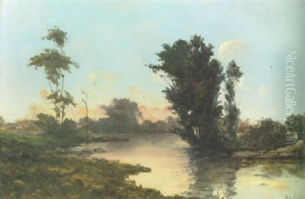 A River Landscape At Sunset With A Girl And Goats On The Far Bank - view 1