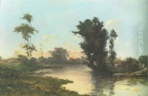 A River Landscape At Sunset With A Girl And Goats On The Far Bank by Hippolyte Camille Delpy