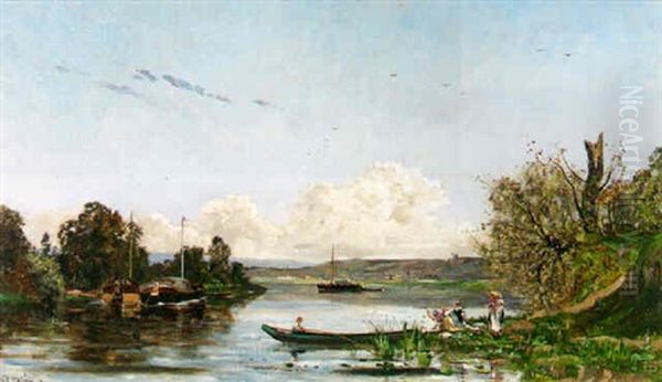 River Landscape With Fishing Trawlers Moored And Washerwomen - view 1