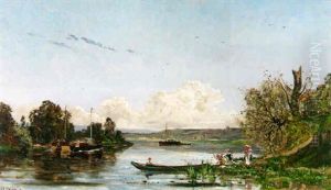 River Landscape With Fishing Trawlers Moored And Washerwomen