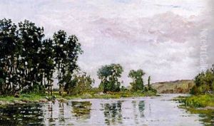Stimmungsvolle Fluslandschaft Mit Wascherinnen Am Ufer by Hippolyte Camille Delpy