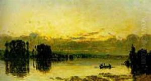 Figures In A Rowing Boat On A River At Sunset by Hippolyte Camille Delpy