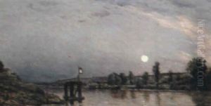 A River Scene At Night by Hippolyte Camille Delpy