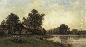 Washerwomen By A River Near A Cottage
