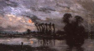 Wooded River Landscape At Sunset by Hippolyte Camille Delpy