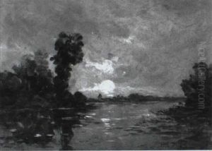 Landschaft Mit Gewasser Bei Sonnenuntergang by Hippolyte Camille Delpy