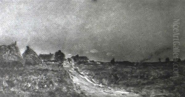 Figures Near Cottages At Dusk - view 1