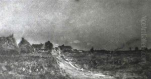 Figures Near Cottages At Dusk by Hippolyte Camille Delpy