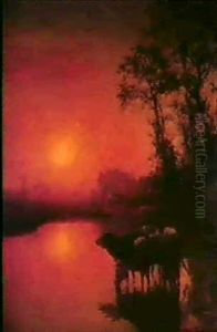 A Drover With Cattle Watering At Sunset
