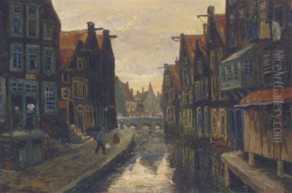 Figures By A Backwater In Bruges, Dusk - view 1