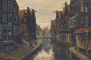 Figures By A Backwater In Bruges, Dusk