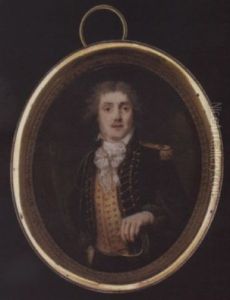 An Officer Wearing Dark Blue Jacket With Hussars-style Frogging, A Gold Epaulette On His Shoulder And An Aiguilette On The Other, Grey Fur Trim To His Cuffs, Straw Yellow Waistcoat Edged In Gold Cord