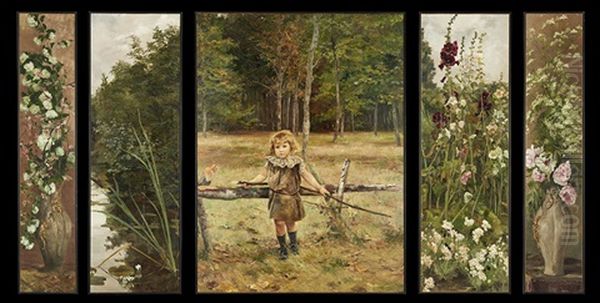 Portrait Of A Young Girl In A Landscape Surrounded By Flowers (in 5 Pieces) - view 1