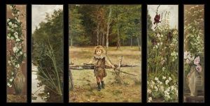 Portrait Of A Young Girl In A Landscape Surrounded By Flowers (in 5 Pieces) by Jean Delvin