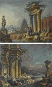 An Architectural Capriccio With A Marble Sculpture And Figures; And An Architectural Capriccio With Figures Resting By The Gentle Cascade Of Water Over The Stone An Architectural Capriccio With A Marble Sculpture And Figures; And An Architectural Capriccio With Figures Resting By The Gentle Cascade Of Water Over The Stone