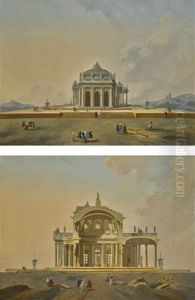 Two Fantastical Architectural Studies With Figures by Pierre Antoine Demachy