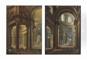 A Cathedral Interior With Architects Working; A Cathedral Interior With A Baptismal Font And Figures (pair) by Pierre Antoine Demachy